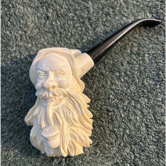 Unused Meerschaum Pipe Hand Carved Bearded Man Smoking Pipe - Picture 2 of 10